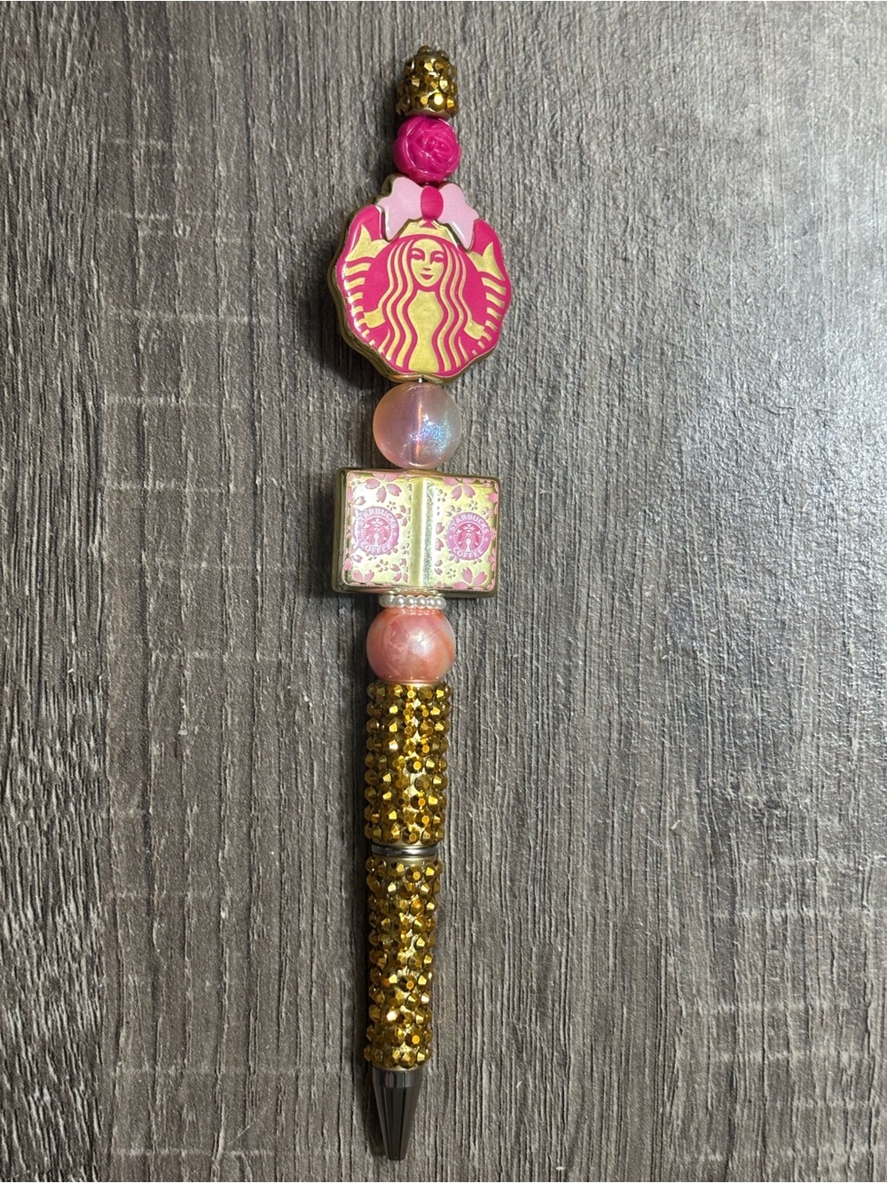 Starbucks Pink and Gold Beaded Charm Pen